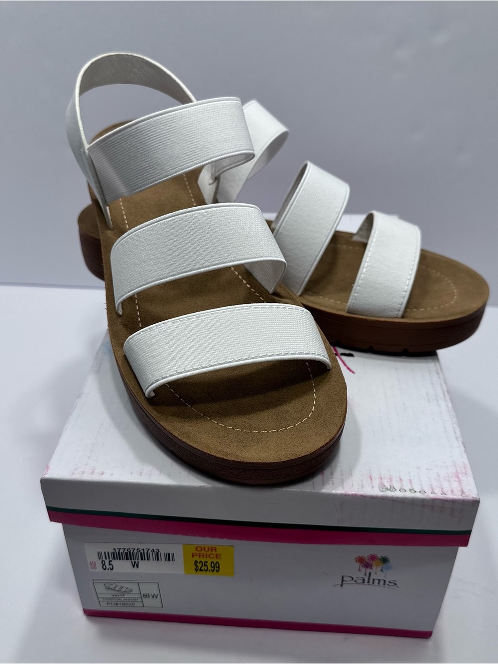 Palms White Strappy Comfort Sandals Women’s Size 8.5W New In Box